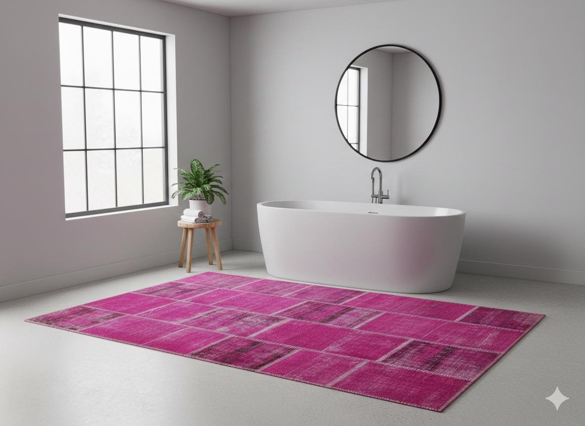 Handmade Wool Turkish Patchwork Rug: Vintage Pink Bohemian Area Rug (5.6x8)