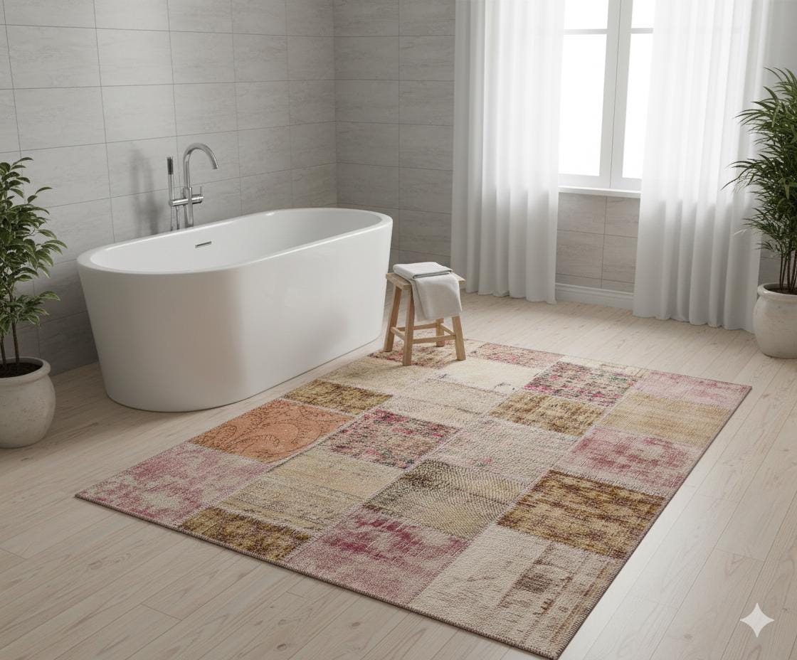 5x8 Handmade Wool Turkish Patchwork Rug: Vintage Bohemian Area Rug