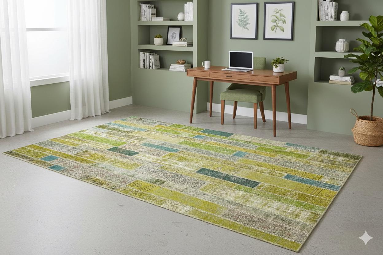 Handmade Wool Turkish Patchwork Rug: Green Vintage Area Rug (8.2x11.5)