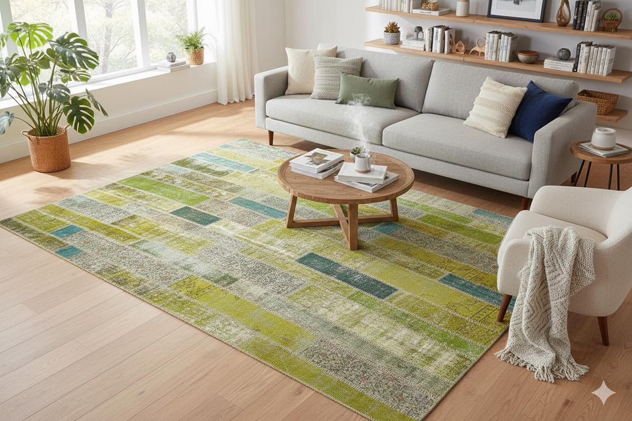 Handmade Wool Turkish Patchwork Rug: Green Vintage Area Rug (8.2x11.5)
