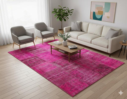 Handmade Wool Turkish Patchwork Rug: Pink Bohemian Vintage Carpet (5.4x8 ft.)