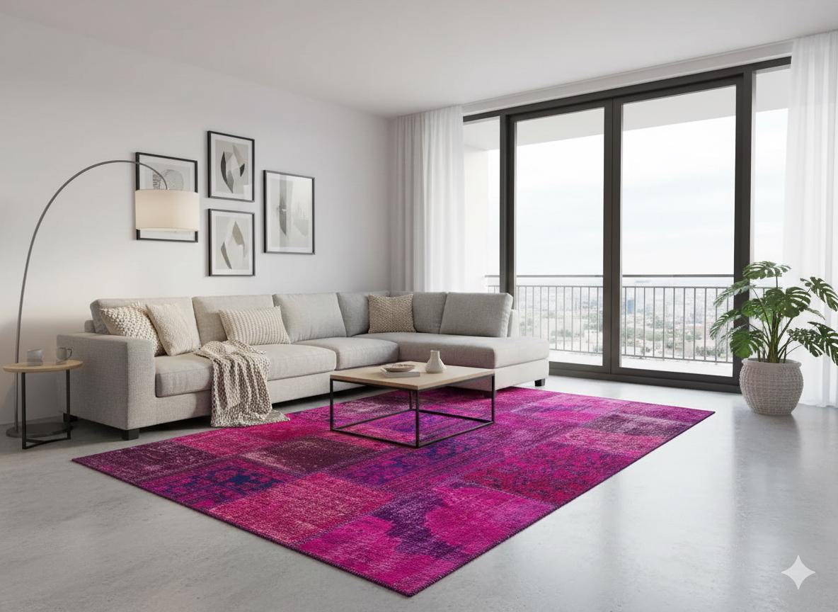 Handmade Wool Turkish Patchwork Rug: Vintage Purple Carpet (5.6x8)