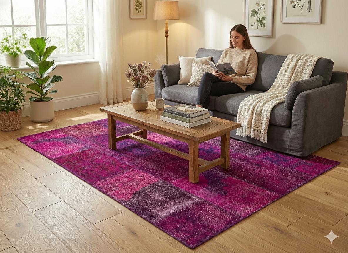Handmade Wool Turkish Patchwork Rug: Vintage Purple Carpet (5.6x8)