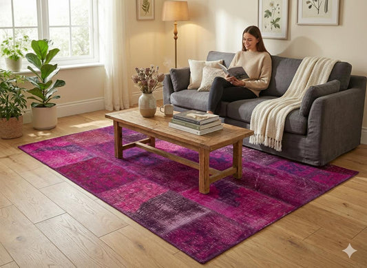 Handmade Wool Turkish Patchwork Rug: Vintage Purple Carpet (5.6x8)