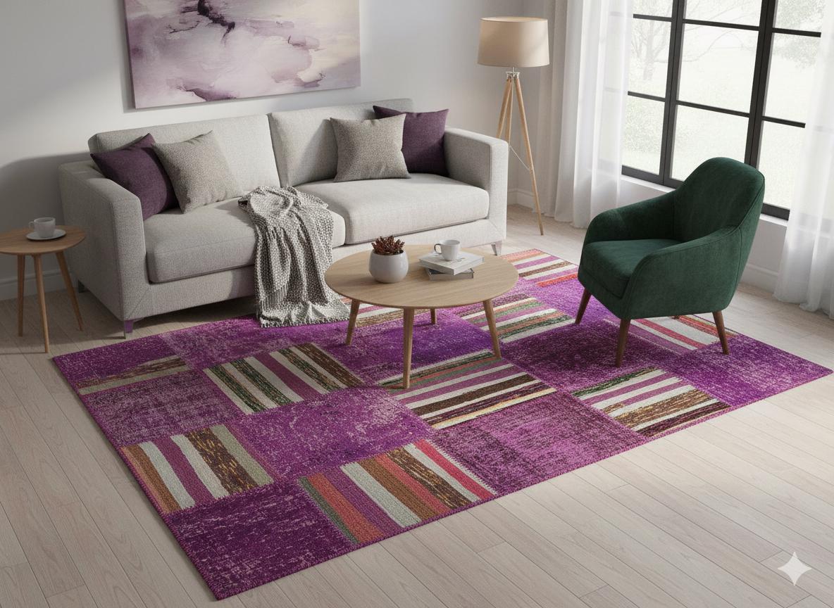 Handmade Purple Patchwork Rug: Bohemian Wool Area Rug (5'x8' ft)