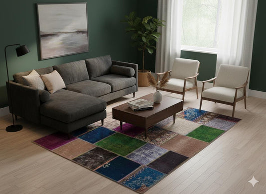 Handmade Wool Patchwork Rug: Bohemian Turkish Area Rug (6.2x8.2 ft)