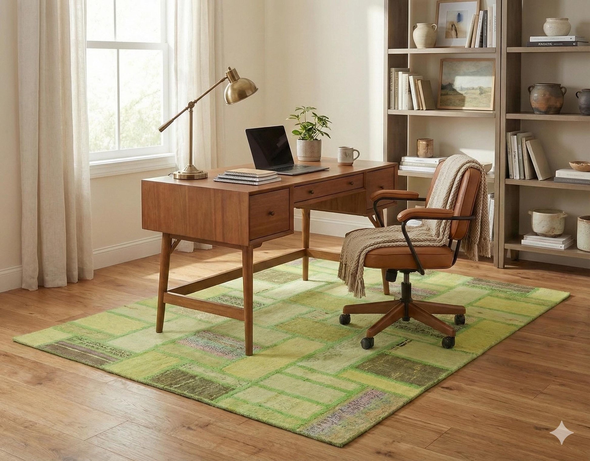 Handmade Green Patchwork Rug: 100% Wool Turkish Area Rug (3.9x5.6 ft)