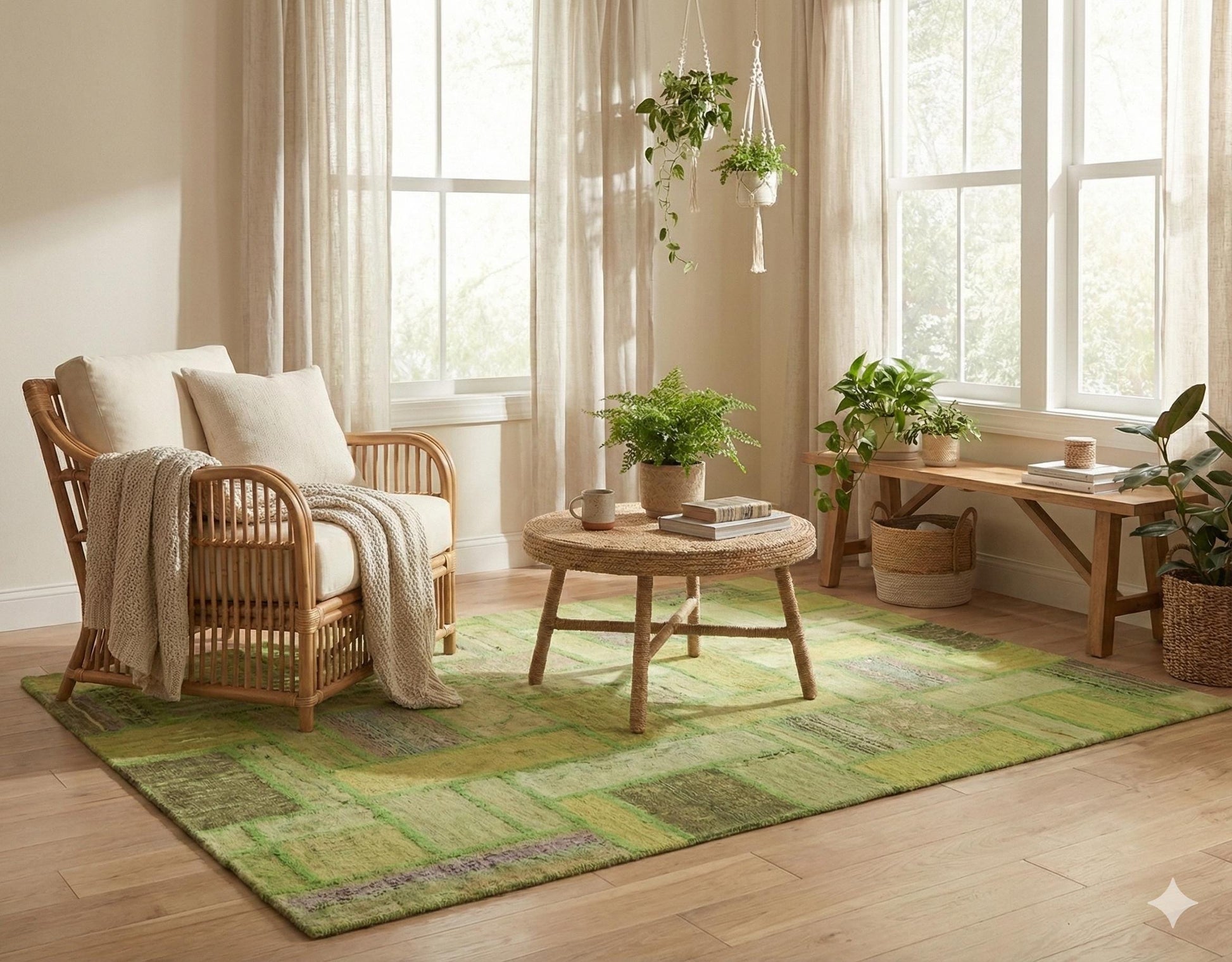 Handmade Green Patchwork Rug: 100% Wool Turkish Area Rug (3.9x5.6 ft)