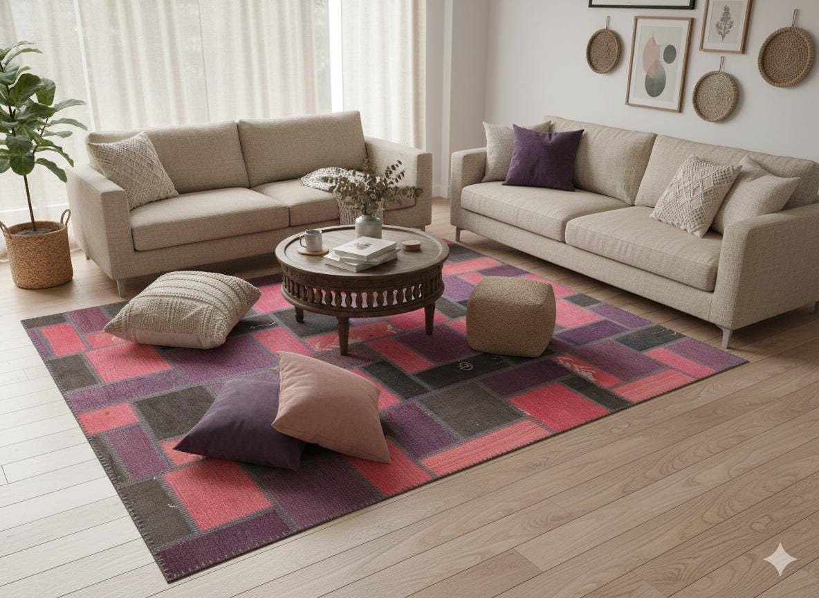 Handmade Wool Patchwork Rug: Bohemian Turkish Area Rug (5.6x7.7 ft)