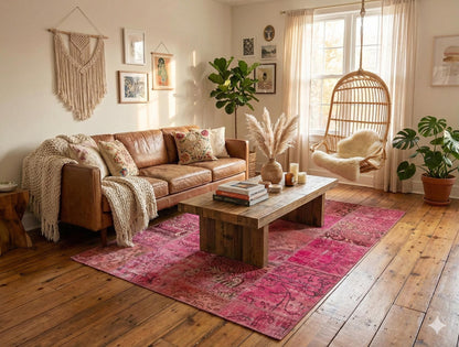 Pink Patchwork Rug: Handmade Bohemian Anatolian Wool Carpet (5.6x7.9 ft)