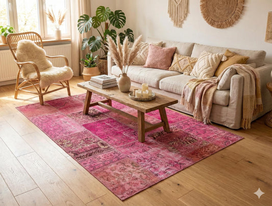 Pink Patchwork Rug: Handmade Bohemian Anatolian Wool Carpet (5.6x7.9 ft)