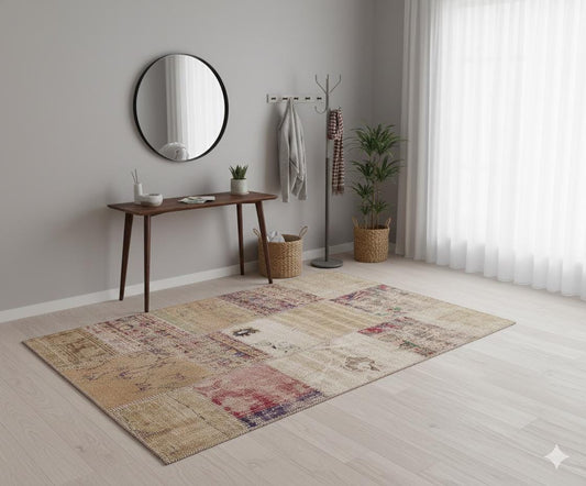 Handmade Wool Turkish Patchwork Rug: 4x6 Vintage Bohemian Area Rug