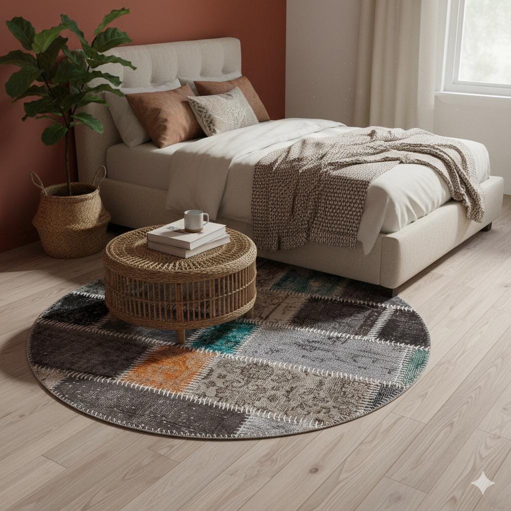 Handmade Wool Patchwork Rug: 3.6x3.6 ft Bohemian Circle Rug
