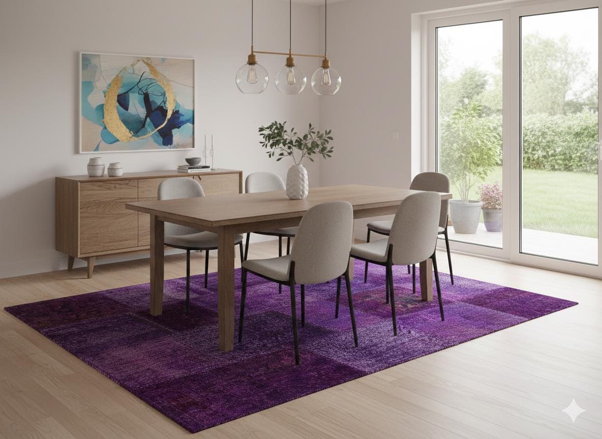 Handmade Purple Patchwork Wool Rug: Bohemian Turkish Area Rug (5'x8' ft)