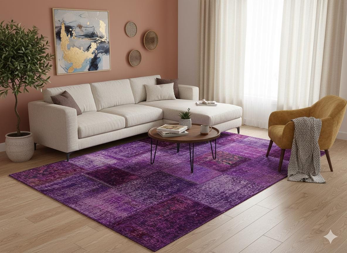 Handmade Purple Patchwork Wool Rug: Bohemian Turkish Area Rug (5'x8' ft)