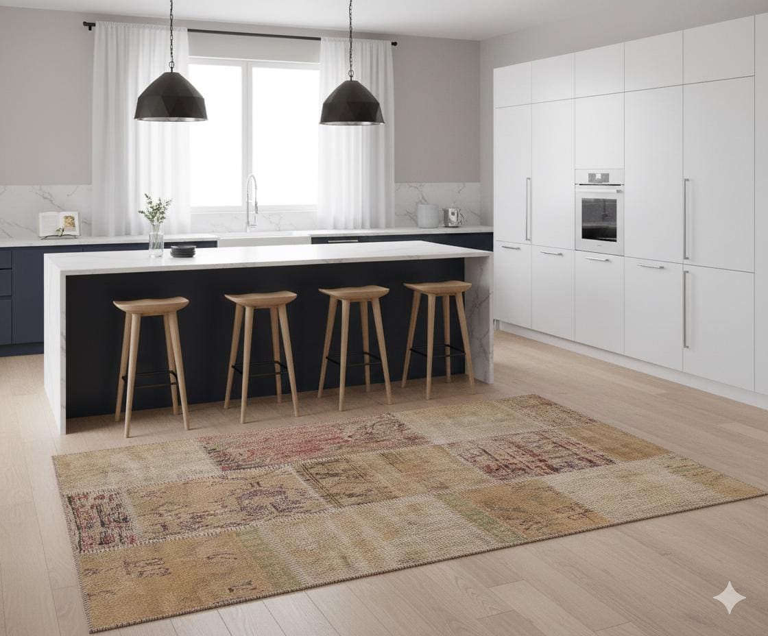 Handmade Wool Turkish Patchwork Rug: Vintage Bohemian Area Rug (4x6)