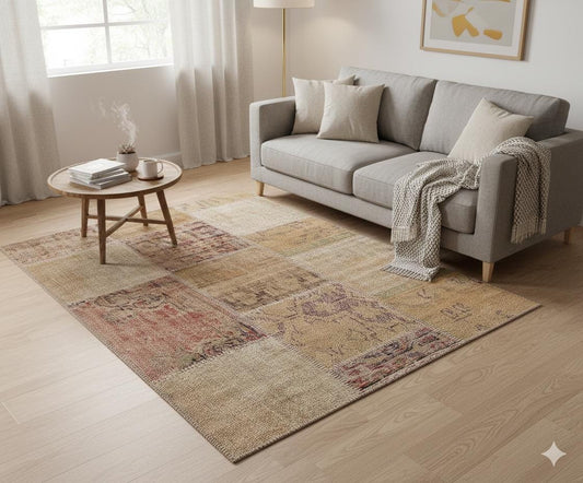 Handmade Wool Turkish Patchwork Rug: Vintage Bohemian Area Rug (4x6)