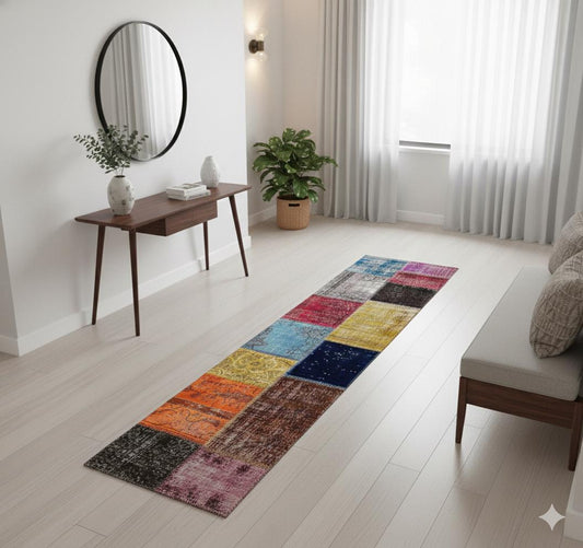 Handmade Wool Patchwork Turkish Rug - 2.7x9.7 ft Bohemian Area Rug