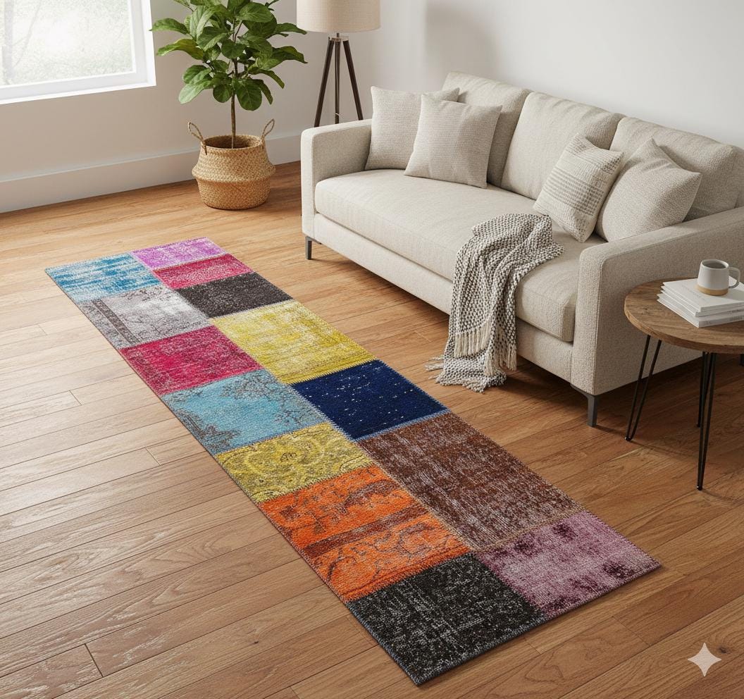Handmade Wool Patchwork Turkish Rug - 2.7x9.7 ft Bohemian Area Rug