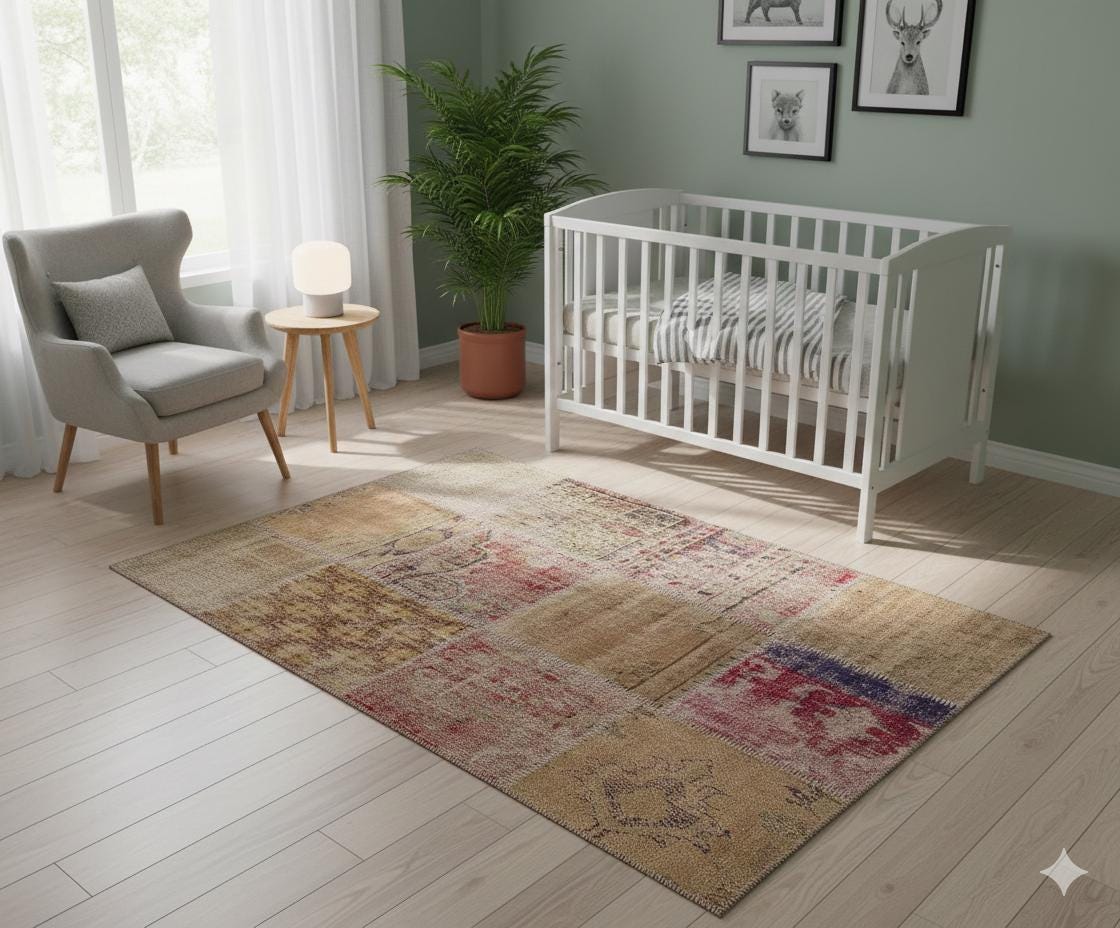 4x6 Handmade Wool Turkish Patchwork Rug: Vintage Bohemian Area Rug