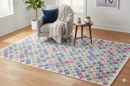 Colorful Boho Diamond Rug – Tribal Kilim Style, Machine Washable Carpet