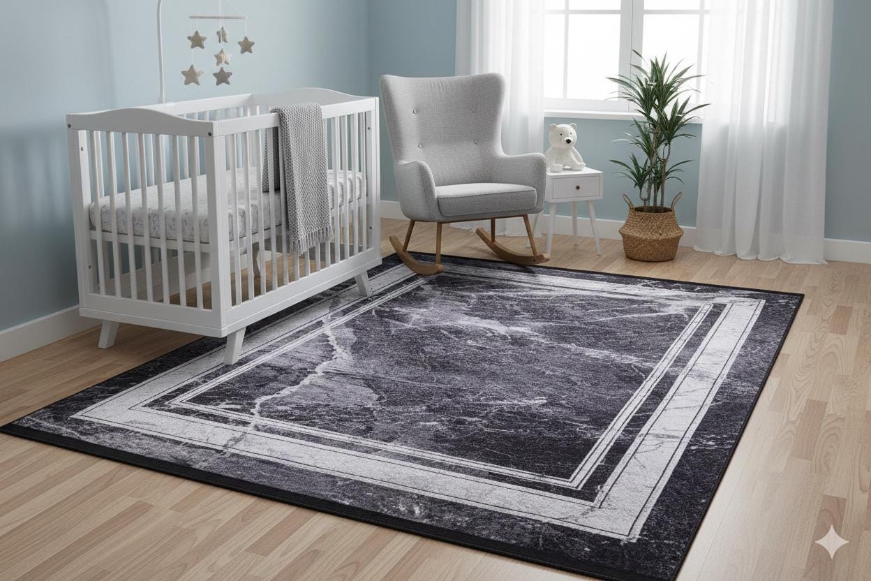 Modern Black Marble Area Rug, Dark Grey Stone Pattern Carpet, Minimalist Border Rug