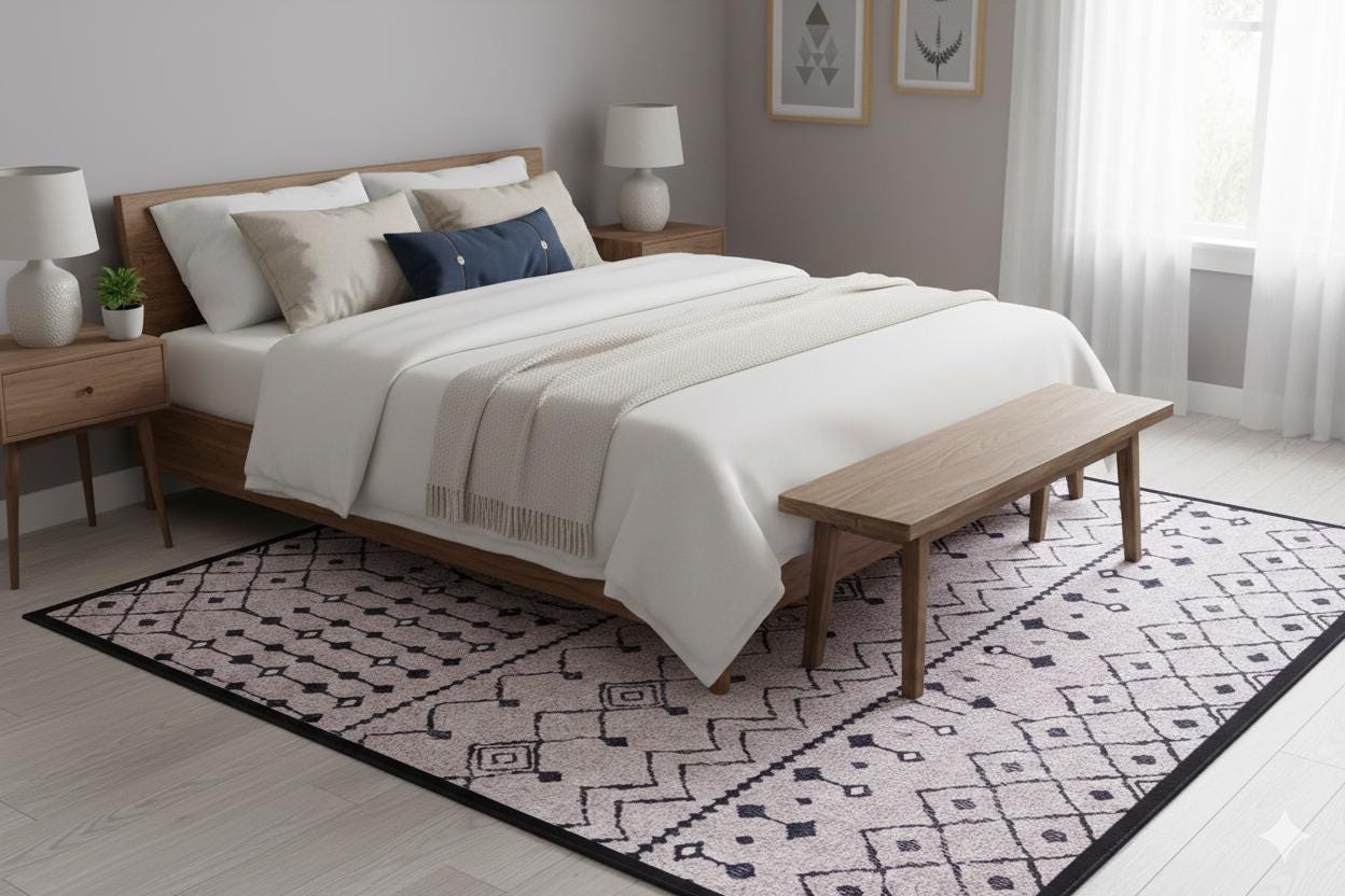 Washable Boho Tribal Rug, Neutral Cream Black Geometric Carpet