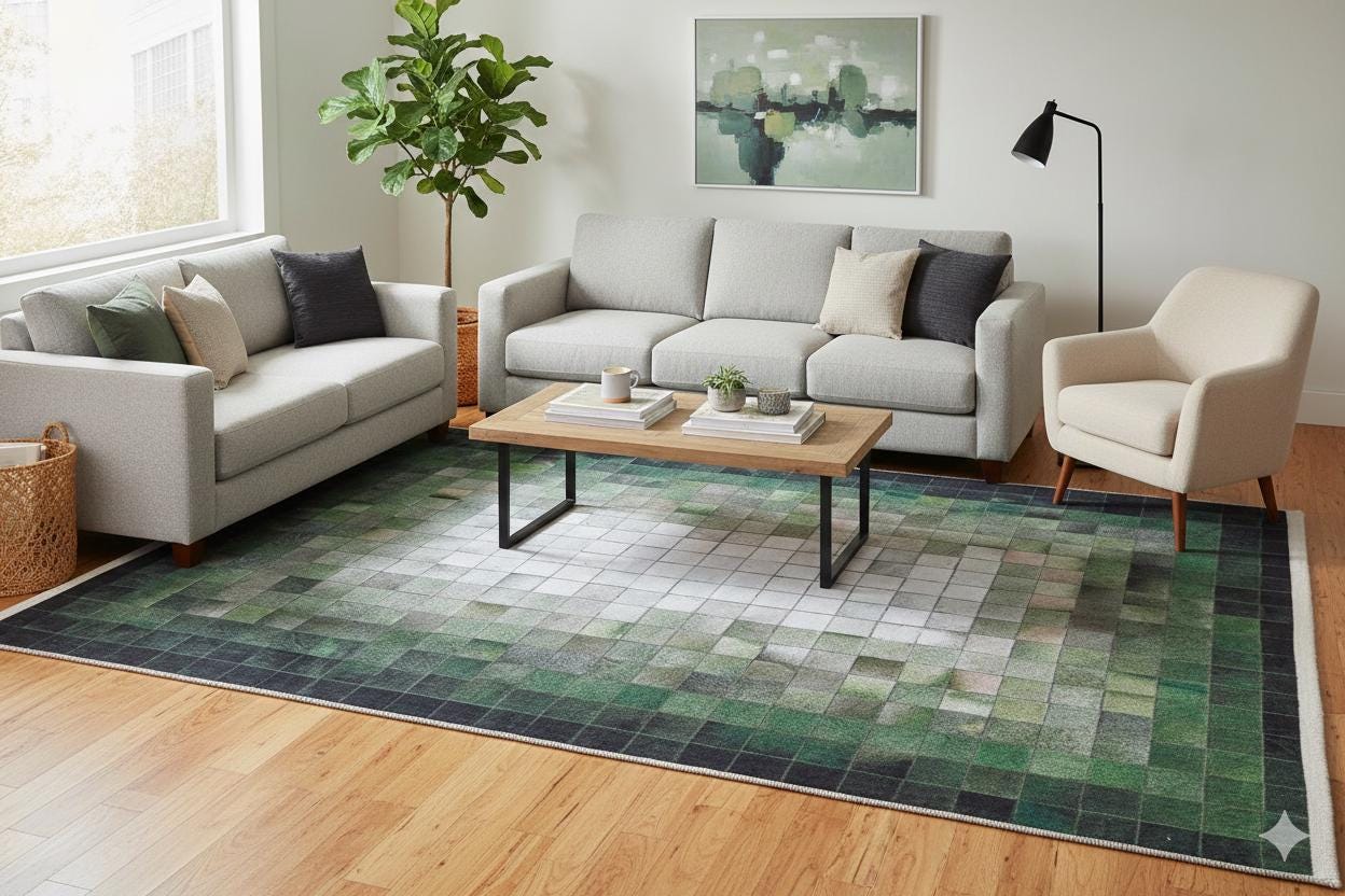 Green Pixel Mosaic Area Rug, Washable Abstract Gradient Carpet, Modern Living Room Floor Rug