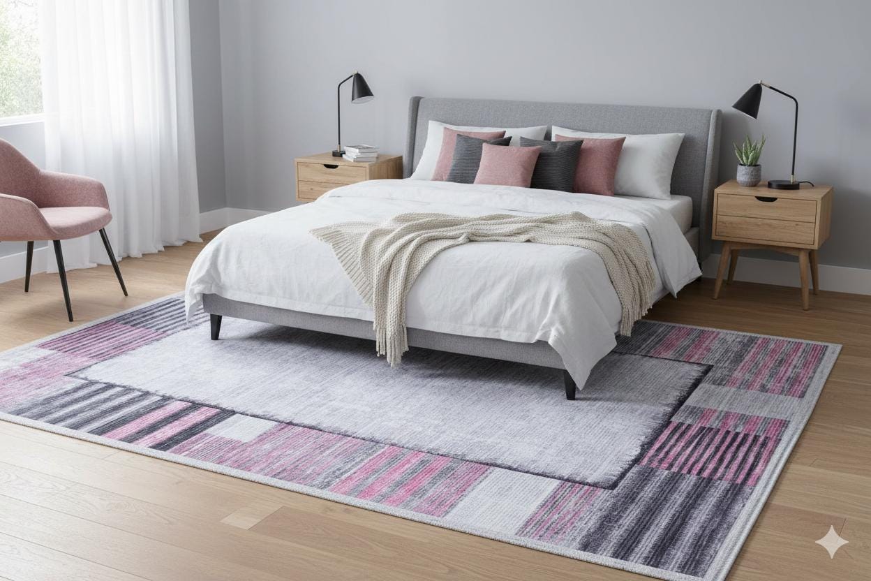 Modern Pink Geometric Rug: Washable Turkish Style