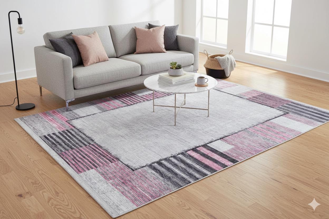 Modern Pink Geometric Rug: Washable Turkish Style