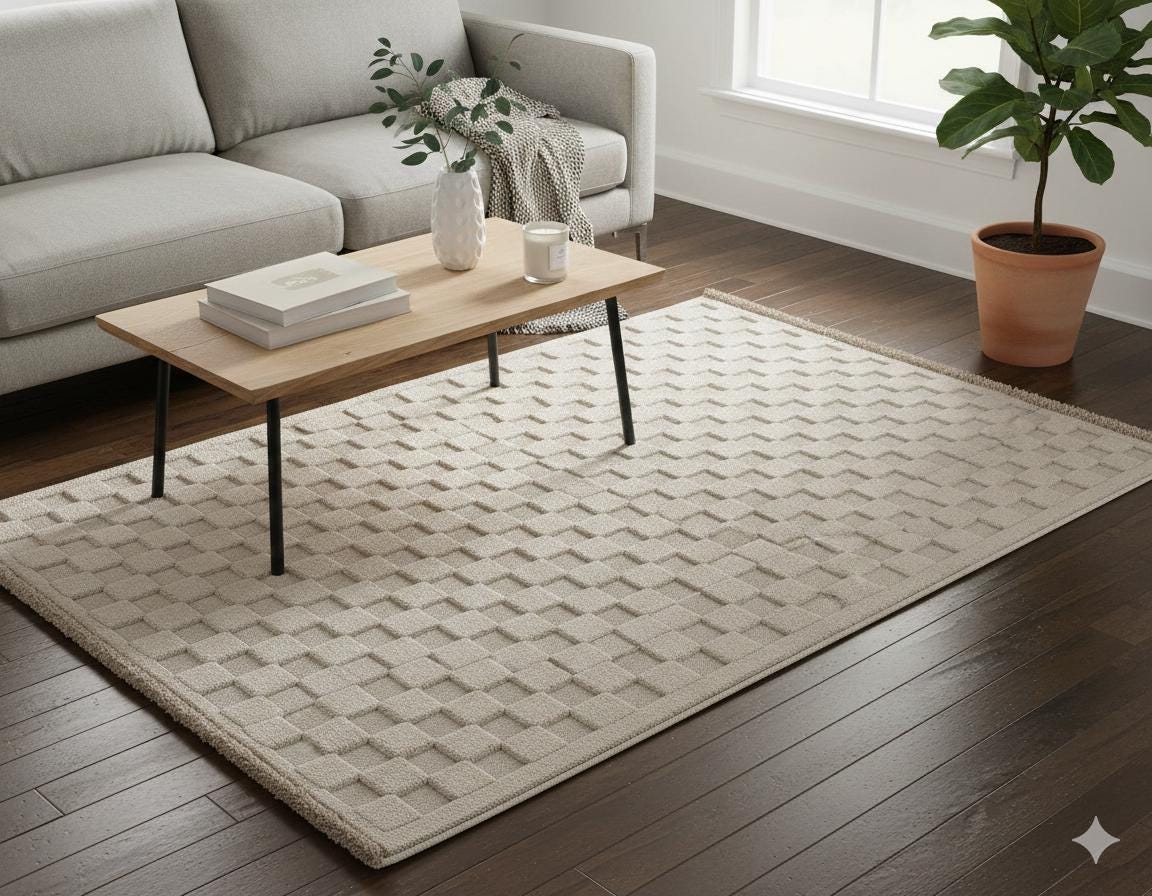 Contemporary Beige Basketweave Textured Area Rug – Modern Solid Neutral Carpet