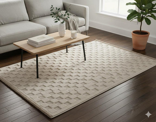 Contemporary Beige Basketweave Textured Area Rug – Modern Solid Neutral Carpet