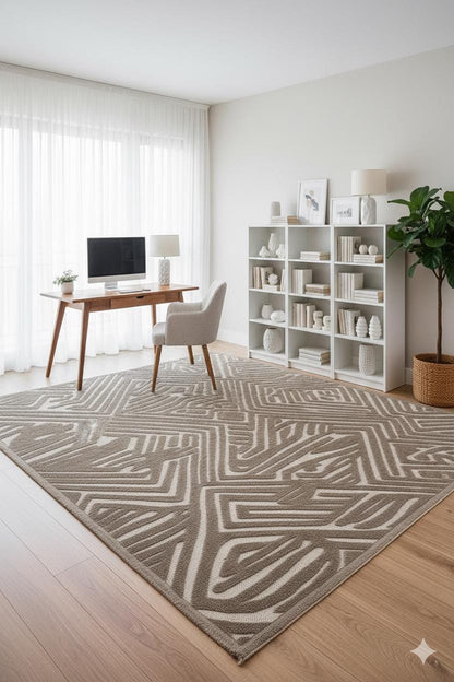 Contemporary White High-Low Pile Textured Area Rug – Modern Geometric Pattern Carpet