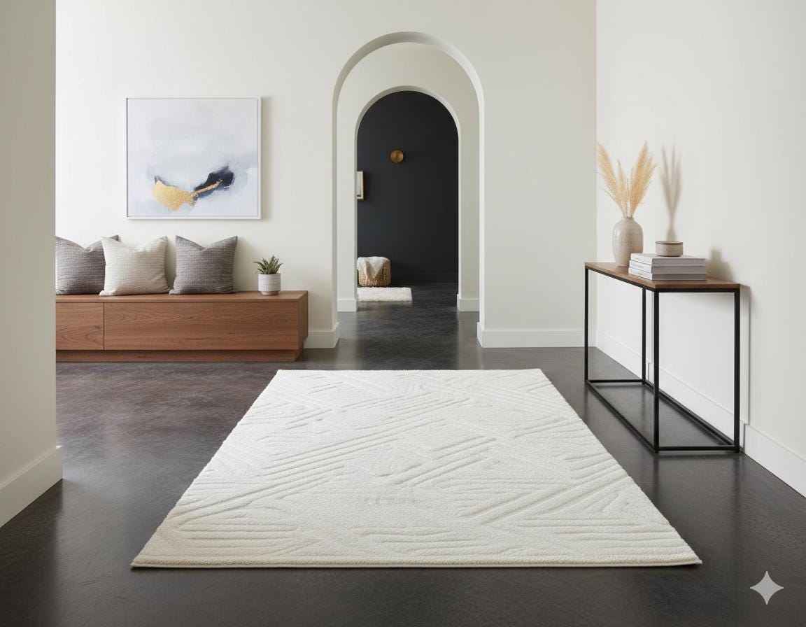 Contemporary White High-Low Pile Textured Area Rug – Modern Geometric Pattern Carpet
