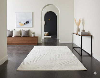 Contemporary White High-Low Pile Textured Area Rug – Modern Geometric Pattern Carpet