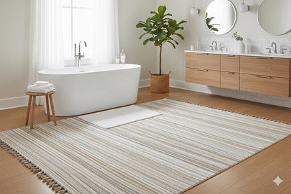 Striped Scandinavian Rug: Modern Nordic Area Rug with Fringes