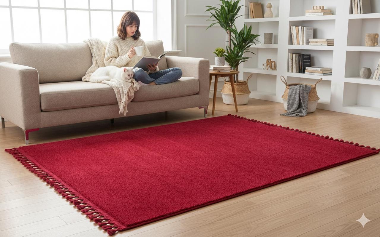 Red Fluffy Rug: Modern Fluffy Carpet with Tassels, Washable