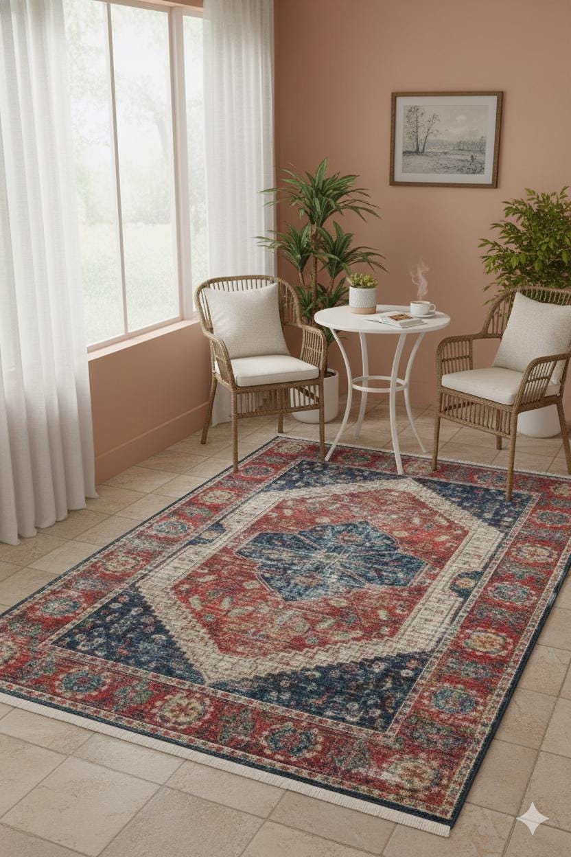 Red Vintage Rug: Classic Washable Rug with Tassels