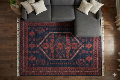 Red Vintage Oriental Afghan Rug: Washable Red Carpet with Tassels