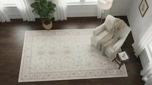Ivory Cream Turkish Rug – Subtle Floral Vintage-Style Area Carpet for Neutral and Elegant Interiors
