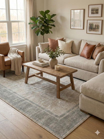 Distressed Geometric Area Rug – Taupe Beige Neutral Transitional Carpet
