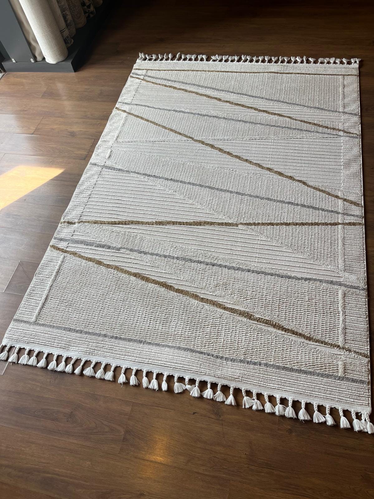 Cream Textured Geometric Carpet with Tassels, Minimalist Scandi Home Decor, Neutral Living Room Rug.