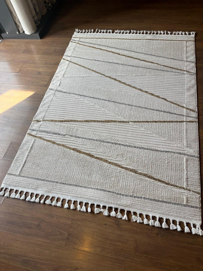Cream Textured Geometric Carpet with Tassels, Minimalist Scandi Home Decor, Neutral Living Room Rug.