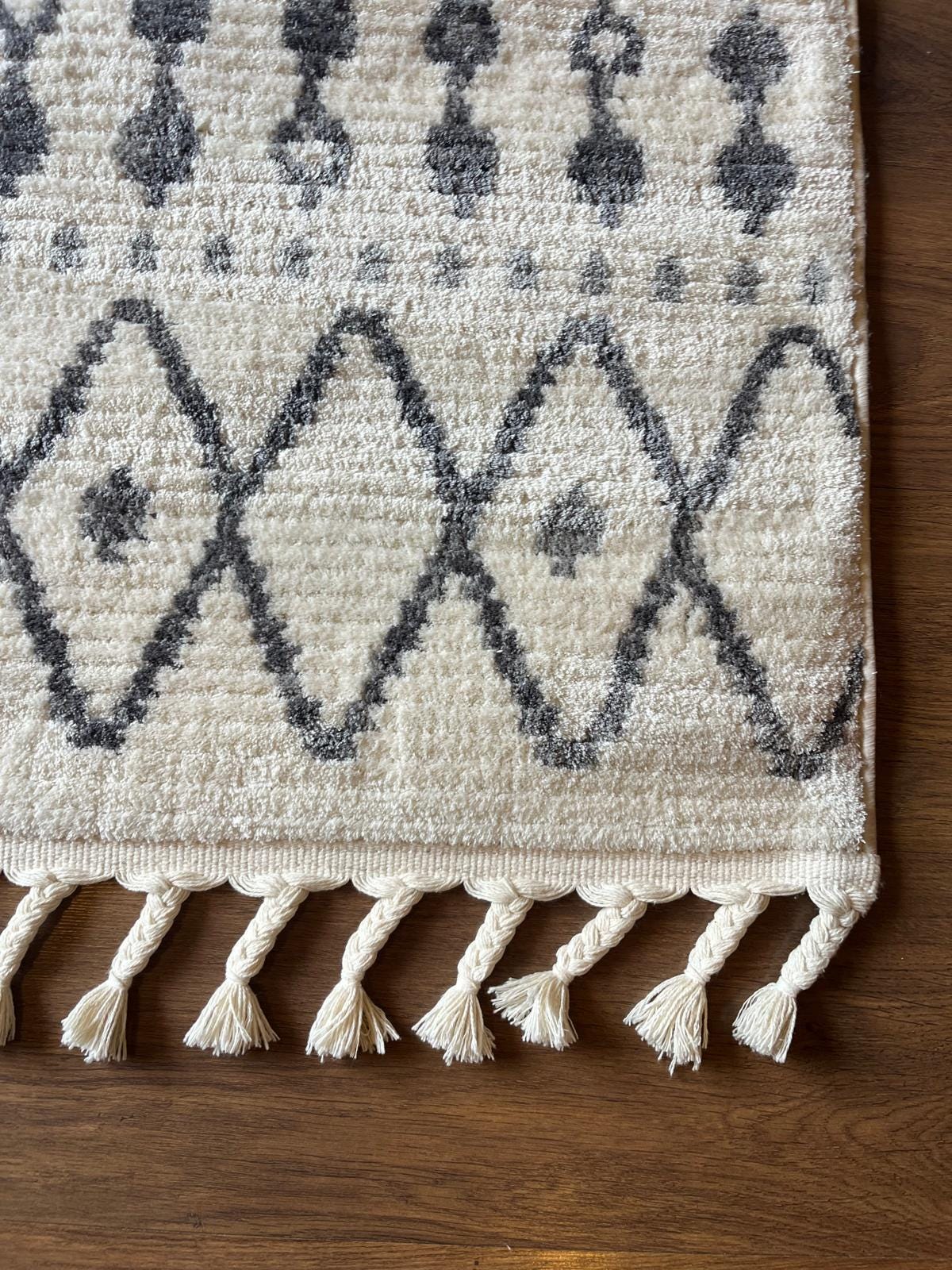 Cream Textured Geometric Carpet with Tassels, Minimalist Scandi Home Decor, Neutral Living Room Rug.