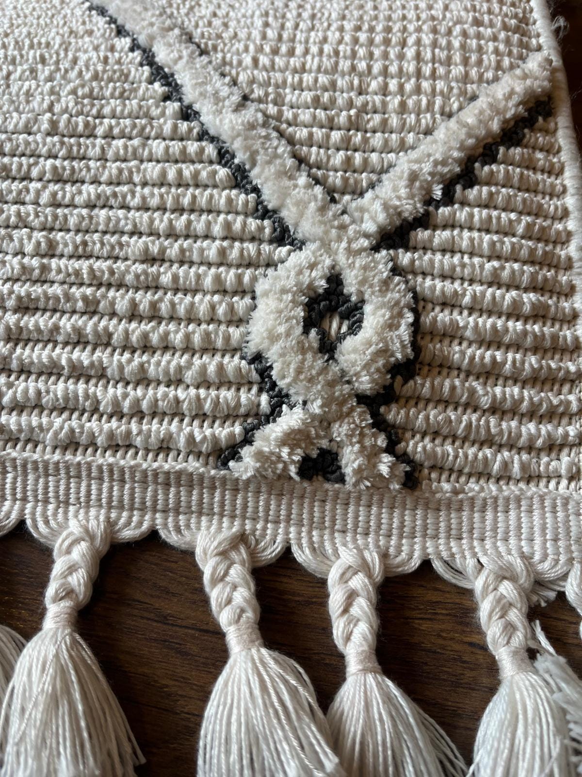Cream Textured Geometric Carpet with Tassels, Minimalist Scandi Home Decor, Neutral Living Room Rug.