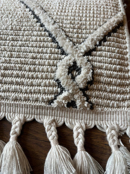 Cream Textured Geometric Carpet with Tassels, Minimalist Scandi Home Decor, Neutral Living Room Rug.