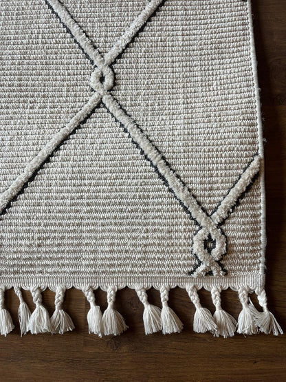 Cream Textured Geometric Carpet with Tassels, Minimalist Scandi Home Decor, Neutral Living Room Rug.