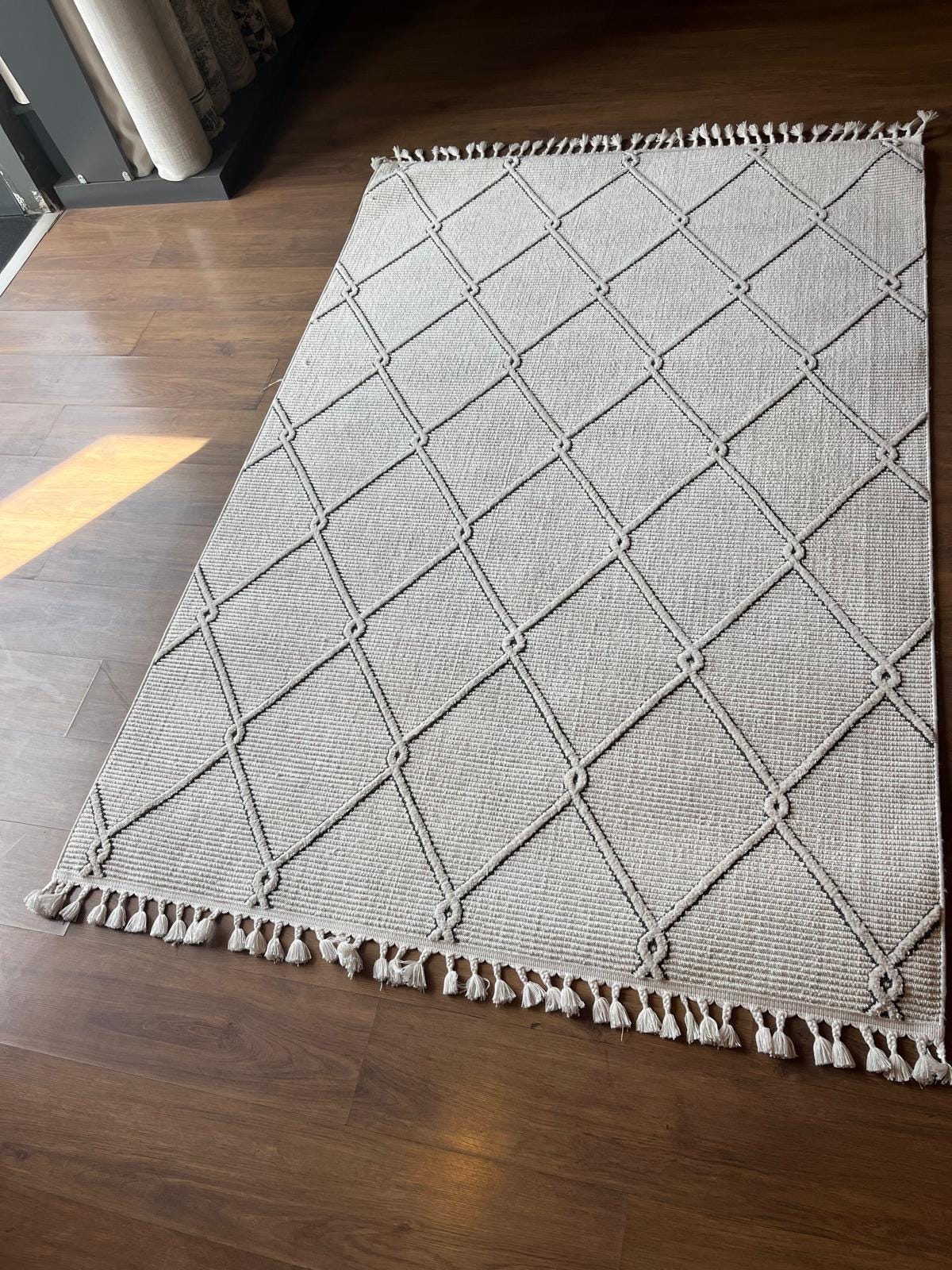 Cream Textured Geometric Carpet with Tassels, Minimalist Scandi Home Decor, Neutral Living Room Rug.