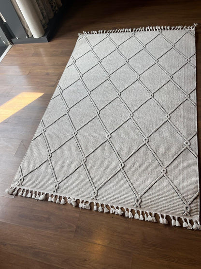 Cream Textured Geometric Carpet with Tassels, Minimalist Scandi Home Decor, Neutral Living Room Rug.