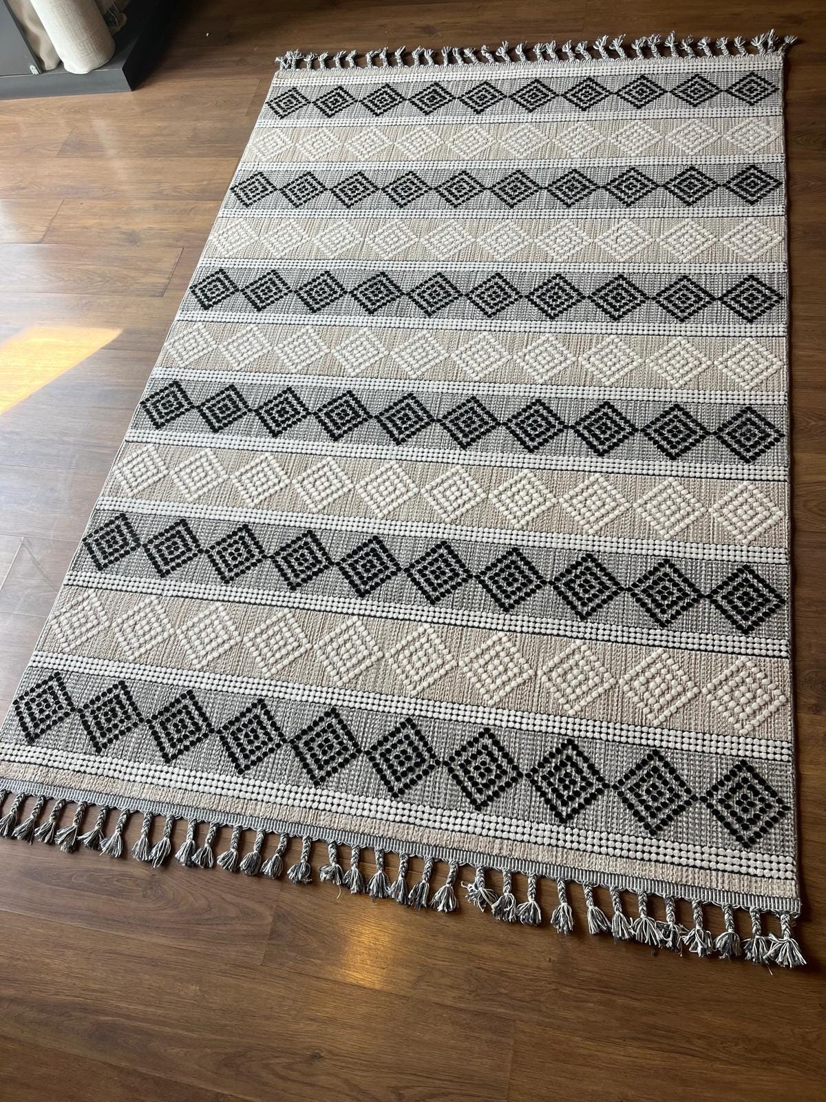 Cream Textured Geometric Carpet with Tassels, Minimalist Scandi Home Decor, Neutral Living Room Rug.